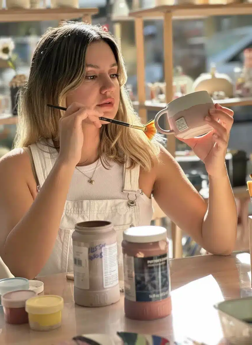 İstanbul Seramik Atölyesi 1 Atölye Dally seramik atölyesinde, genç bir kadın el yapımı seramik kupayı özenle fırça ile boyuyor, sanatsal üretim sürecini sergiliyor.